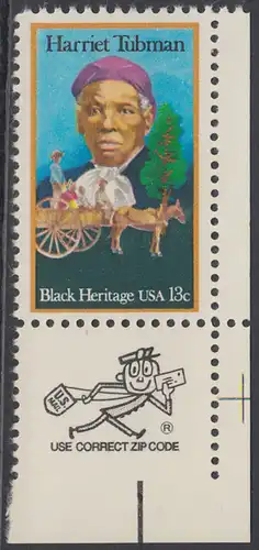USA Michel 1328 / Scott 1744 postfrisch EINZELMARKE ECKRAND unten rechts m/ ZIP-Emblem - Schwarzamerikanisches Erbe: Harriet R. Tubman, Vorkämpferin für die Sklavenbefreiung