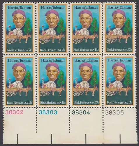 USA Michel 1328 / Scott 1744 postfrisch horiz.BLOCK(8) RÄNDER unten m/ Platten-# - Schwarzamerikanisches Erbe: Harriet R. Tubman, Vorkämpferin für die Sklavenbefreiung