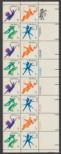 USA Michel 1335-1338 / Scott 1749-1753 postfrisch vert.PLATEBLOCK(16) ECKRAND unten rechts m/ Platten-# (b) - Kultureller Wert des Tanzens