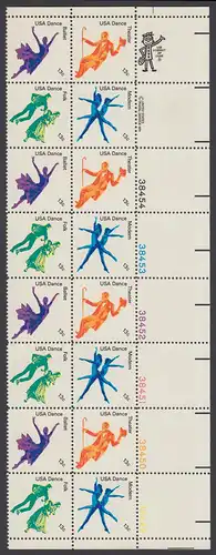 USA Michel 1335-1338 / Scott 1749-1753 postfrisch vert.PLATEBLOCK(16) ECKRAND unten rechts m/ Platten-# (c) - Kultureller Wert des Tanzens