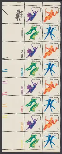 USA Michel 1335-1338 / Scott 1749-1753 postfrisch vert.PLATEBLOCK(16) ECKRAND unten links m/ Platten-# - Kultureller Wert des Tanzens