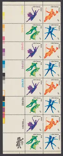 USA Michel 1335-1338 / Scott 1749-1753 postfrisch vert.PLATEBLOCK(16) ECKRAND oben links m/ Platten-# (a) - Kultureller Wert des Tanzens