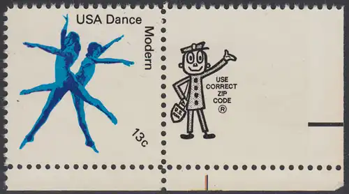 USA Michel 1337 / Scott 1752 postfrisch EINZELMARKE ECKRAND unten rechts m/ ZIP-Emblem - Kultureller Wert des Tanzens: Modernes Ballett