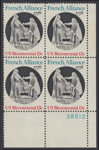USA Michel 1339 / Scott 1753 postfrisch PLATEBLOCK ECKRAND unten rechts m/ Platten-# 38512 - Unabhängigkeit der Vereinigten Staaten von Amerika (1976): Bündnis mit Frankreich