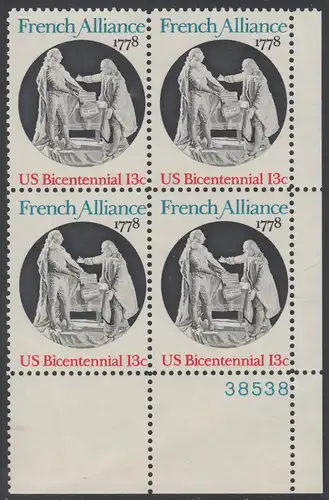 USA Michel 1339 / Scott 1753 postfrisch PLATEBLOCK ECKRAND unten rechts m/ Platten-# 38538 - Unabhängigkeit der Vereinigten Staaten von Amerika (1976): Bündnis mit Frankreich