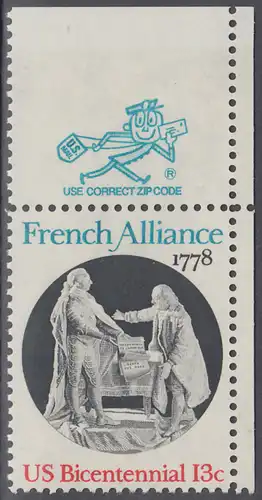USA Michel 1339 / Scott 1753 postfrisch EINZELMARKE ECKRAND oben rechts m/ ZIP-Emblem - Unabhängigkeit der Vereinigten Staaten von Amerika (1976): Bündnis mit Frankreich