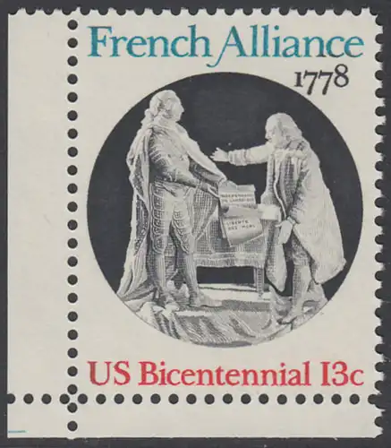 USA Michel 1339 / Scott 1753 postfrisch EINZELMARKE ECKRAND unten links - Unabhängigkeit der Vereinigten Staaten von Amerika (1976): Bündnis mit Frankreich
