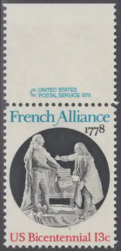 USA Michel 1339 / Scott 1753 postfrisch EINZELMARKE RAND oben m/ copyright symbol - Unabhängigkeit der Vereinigten Staaten von Amerika (1976): Bündnis mit Frankreich