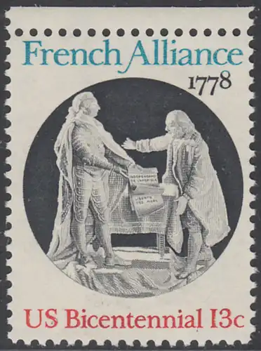 USA Michel 1339 / Scott 1753 postfrisch EINZELMARKE RAND oben - Unabhängigkeit der Vereinigten Staaten von Amerika (1976): Bündnis mit Frankreich