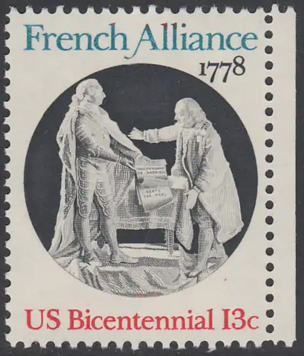 USA Michel 1339 / Scott 1753 postfrisch EINZELMARKE RAND rechts - Unabhängigkeit der Vereinigten Staaten von Amerika (1976): Bündnis mit Frankreich