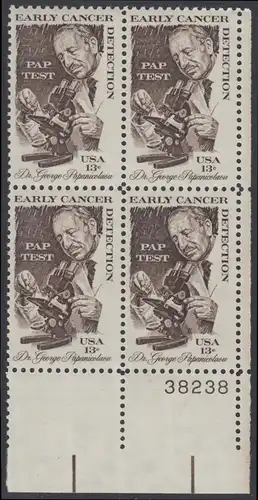USA Michel 1340 / Scott 1754 postfrisch PLATEBLOCK ECKRAND unten rechts m/ Platten-# 38238 - George Papanicolaou; Pathologe - Erfinder des „PAP“-Tests 