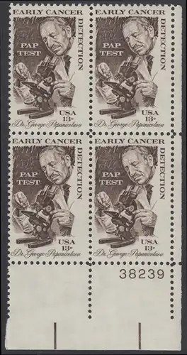 USA Michel 1340 / Scott 1754 postfrisch PLATEBLOCK ECKRAND unten rechts m/ Platten-# 38239 - George Papanicolaou; Pathologe - Erfinder des „PAP“-Tests 