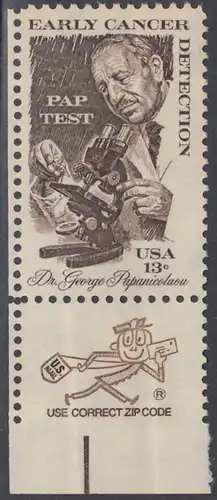 USA Michel 1340 / Scott 1754 postfrisch EINZELMARKE ECKRAND unten links m/ ZIP-Emblem - George Papanicolaou; Pathologe - Erfinder des „PAP“-Tests 