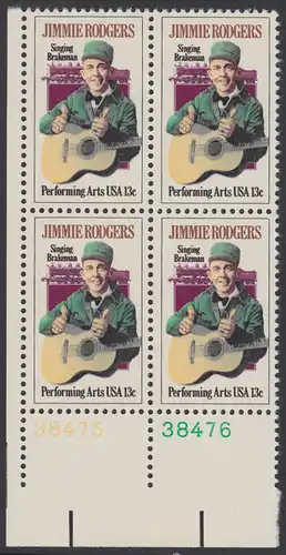 USA Michel 1342 / Scott 1755 postfrisch BLOCK ECKRAND unten links m/ Platten-# 38475 - Jimmie Rodgers, der „Singende Bremser“, Vater der Country-Musik