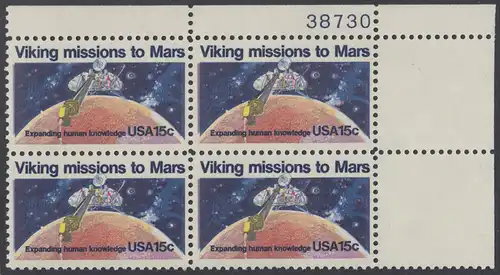 USA Michel 1356 / Scott 1759 postfrisch PLATEBLOCK ECKRAND oben rechts m/ Platten-# 38730 - 2. Jahrestag der Landung von Viking I auf dem Planeten Mars