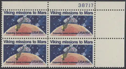 USA Michel 1356 / Scott 1759 postfrisch PLATEBLOCK ECKRAND oben rechts m/ Platten-# 38717 - 2. Jahrestag der Landung von Viking I auf dem Planeten Mars