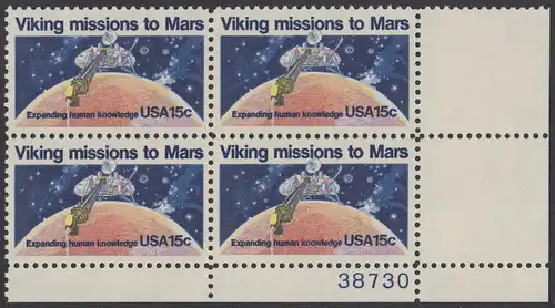 USA Michel 1356 / Scott 1759 postfrisch PLATEBLOCK ECKRAND unten rechts m/ Platten-# 38730 - 2. Jahrestag der Landung von Viking I auf dem Planeten Mars