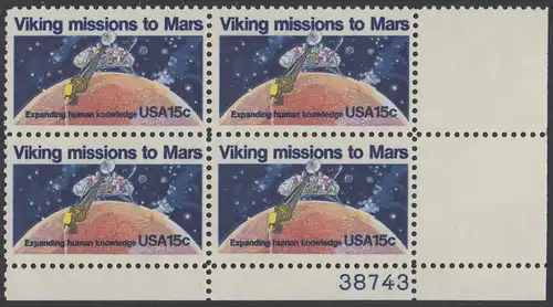 USA Michel 1356 / Scott 1759 postfrisch PLATEBLOCK ECKRAND unten rechts m/ Platten-# 38743 - 2. Jahrestag der Landung von Viking I auf dem Planeten Mars