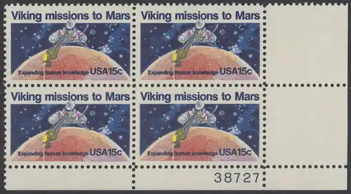 USA Michel 1356 / Scott 1759 postfrisch PLATEBLOCK ECKRAND unten rechts m/ Platten-# 38727 - 2. Jahrestag der Landung von Viking I auf dem Planeten Mars