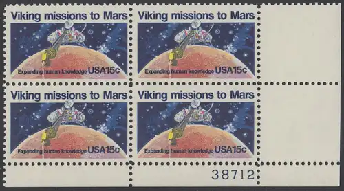 USA Michel 1356 / Scott 1759 postfrisch PLATEBLOCK ECKRAND unten rechts m/ Platten-# 38712 - 2. Jahrestag der Landung von Viking I auf dem Planeten Mars