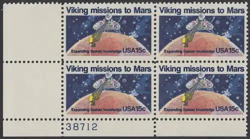 USA Michel 1356 / Scott 1759 postfrisch PLATEBLOCK ECKRAND unten links m/ Platten-# 38712 (b) - 2. Jahrestag der Landung von Viking I auf dem Planeten Mars