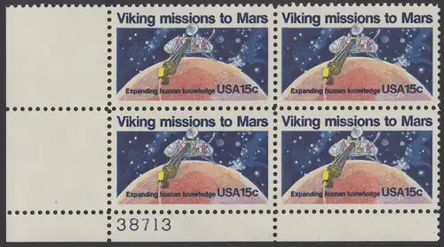 USA Michel 1356 / Scott 1759 postfrisch PLATEBLOCK ECKRAND unten links m/ Platten-# 38713 (b) - 2. Jahrestag der Landung von Viking I auf dem Planeten Mars