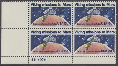 USA Michel 1356 / Scott 1759 postfrisch PLATEBLOCK ECKRAND unten links m/ Platten-# 38728 - 2. Jahrestag der Landung von Viking I auf dem Planeten Mars
