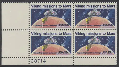 USA Michel 1356 / Scott 1759 postfrisch PLATEBLOCK ECKRAND unten links m/ Platten-# 38714 (a) - 2. Jahrestag der Landung von Viking I auf dem Planeten Mars