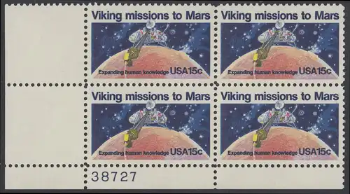 USA Michel 1356 / Scott 1759 postfrisch PLATEBLOCK ECKRAND unten links m/ Platten-# 38727 (b) - 2. Jahrestag der Landung von Viking I auf dem Planeten Mars