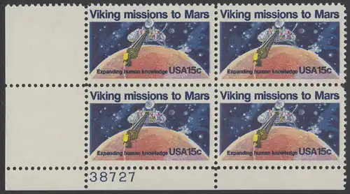 USA Michel 1356 / Scott 1759 postfrisch PLATEBLOCK ECKRAND unten links m/ Platten-# 38727 (c) - 2. Jahrestag der Landung von Viking I auf dem Planeten Mars