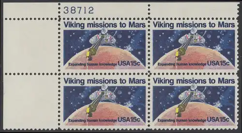 USA Michel 1356 / Scott 1759 postfrisch PLATEBLOCK ECKRAND oben links m/ Platten-# 38712 (b) - 2. Jahrestag der Landung von Viking I auf dem Planeten Mars