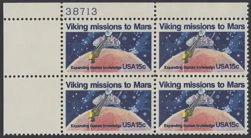 USA Michel 1356 / Scott 1759 postfrisch PLATEBLOCK ECKRAND oben links m/ Platten-# 38713 - 2. Jahrestag der Landung von Viking I auf dem Planeten Mars