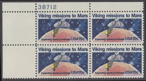 USA Michel 1356 / Scott 1759 postfrisch PLATEBLOCK ECKRAND oben links m/ Platten-# 38712 (a) - 2. Jahrestag der Landung von Viking I auf dem Planeten Mars