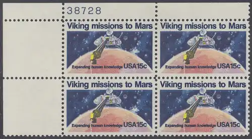 USA Michel 1356 / Scott 1759 postfrisch PLATEBLOCK ECKRAND oben links m/ Platten-# 38728 - 2. Jahrestag der Landung von Viking I auf dem Planeten Mars