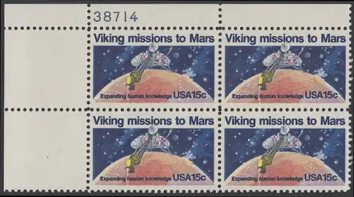 USA Michel 1356 / Scott 1759 postfrisch PLATEBLOCK ECKRAND oben links m/ Platten-# 38714 - 2. Jahrestag der Landung von Viking I auf dem Planeten Mars