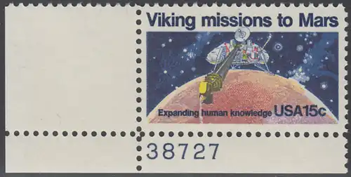 USA Michel 1356 / Scott 1759 postfrisch EINZELMARKE ECKRAND unten links m/ Platten-# 38727 - 2. Jahrestag der Landung von Viking I auf dem Planeten Mars