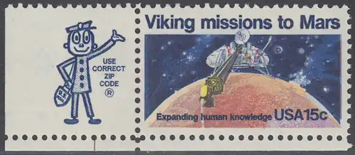USA Michel 1356 / Scott 1759 postfrisch EINZELMARKE ECKRAND unten links m/ ZIP-Emblem - 2. Jahrestag der Landung von Viking I auf dem Planeten Mars