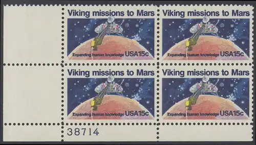 USA Michel 1356 / Scott 1759 postfrisch PLATEBLOCK ECKRAND unten links m/ Platten-# 38714 (b) - 2. Jahrestag der Landung von Viking I auf dem Planeten Mars