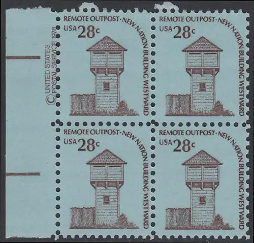 USA Michel 1357 / Scott 1604 postfrisch BLOCK RÄNDER links m/ copyright symbol - Americana-Ausgabe: Wachturm des Fort Nisqually, WA (erbaut 1833)