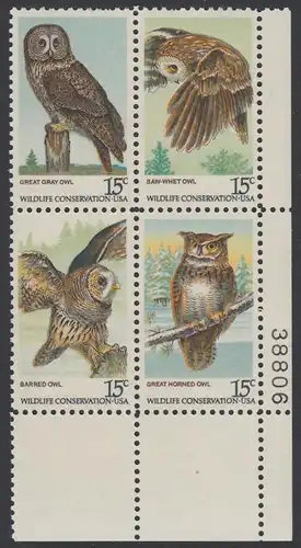 USA Michel 1358-1361 / Scott 1760-1763 postfrisch PLATEBLOCK ECKRAND unten rechts m/ Platten-# 38806 (b) - Naturschutz: Eulen