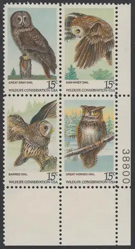 USA Michel 1358-1361 / Scott 1760-1763 postfrisch PLATEBLOCK ECKRAND unten rechts m/ Platten-# 38800 (a) - Naturschutz: Eulen