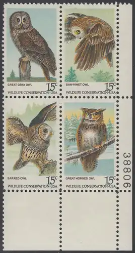 USA Michel 1358-1361 / Scott 1760-1763 postfrisch PLATEBLOCK ECKRAND unten rechts m/ Platten-# 38806 (a) - Naturschutz: Eulen