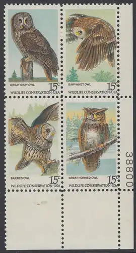 USA Michel 1358-1361 / Scott 1760-1763 postfrisch PLATEBLOCK ECKRAND unten rechts m/ Platten-# 38800 (b) - Naturschutz: Eulen