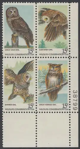 USA Michel 1358-1361 / Scott 1760-1763 postfrisch PLATEBLOCK ECKRAND unten rechts m/ Platten-# 38799 (b) - Naturschutz: Eulen