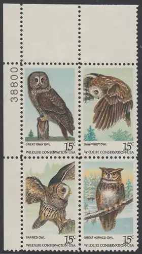 USA Michel 1358-1361 / Scott 1760-1763 postfrisch PLATEBLOCK ECKRAND oben links m/ Platten-# 38800 (a) - Naturschutz: Eulen