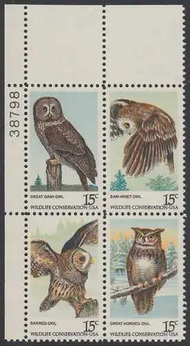 USA Michel 1358-1361 / Scott 1760-1763 postfrisch PLATEBLOCK ECKRAND oben links m/ Platten-# 38798 - Naturschutz: Eulen