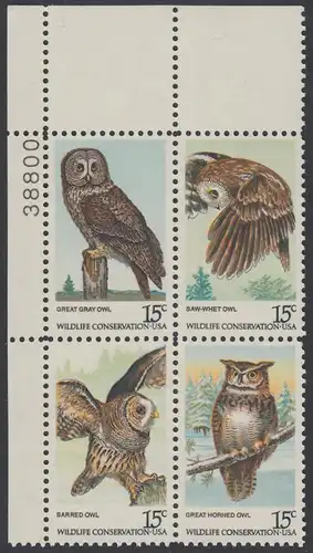 USA Michel 1358-1361 / Scott 1760-1763 postfrisch PLATEBLOCK ECKRAND oben links m/ Platten-# 38800 (b) - Naturschutz: Eulen