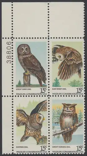 USA Michel 1358-1361 / Scott 1760-1763 postfrisch PLATEBLOCK ECKRAND oben links m/ Platten-# 38806 (a) - Naturschutz: Eulen