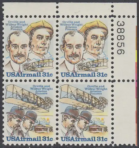 USA Michel 1362-1363 / Scott C091-C092 postfrisch PLATEBLOCK ECKRAND oben rechts m/ Platten-# 38856 (a) - 75. Jahrestag des ersten Motorfluges der Brüder Wright; Orville und Wilbur Wright, Flugzeugtechniker; ihr Doppeldecker von 1903