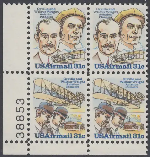 USA Michel 1362-1363 / Scott C091-C092 postfrisch PLATEBLOCK ECKRAND unten links m/ Platten-# 38853 - 75. Jahrestag des ersten Motorfluges der Brüder Wright; Orville und Wilbur Wright, Flugzeugtechniker; ihr Doppeldecker von 1903